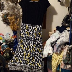 Perceptions Black  with Yellow & White Patterned Midi Dress